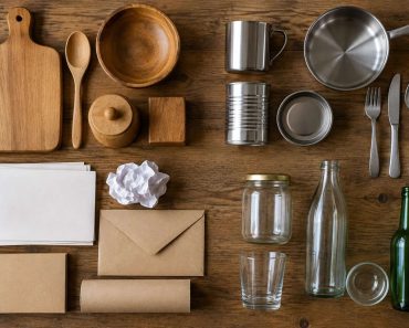 Objetos de madera, metal, papel y vidrio agrupados sobre una mesa.
