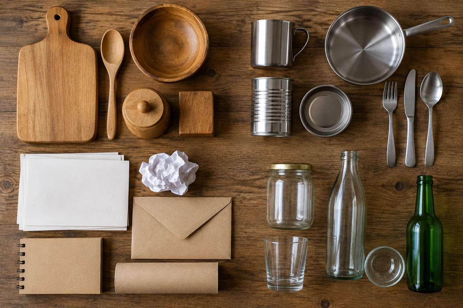 Clasificar objetos cotidianos: qué cambia al ordenar por material o por uso — Imagen 1 Objetos de madera, metal, papel y vidrio agrupados sobre una mesa.