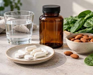 Frasco sin etiqueta y suplementos blancos junto a un vaso de agua, almendras y hojas de espinaca