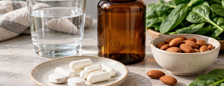 Frasco sin etiqueta y suplementos blancos junto a un vaso de agua, almendras y hojas de espinaca