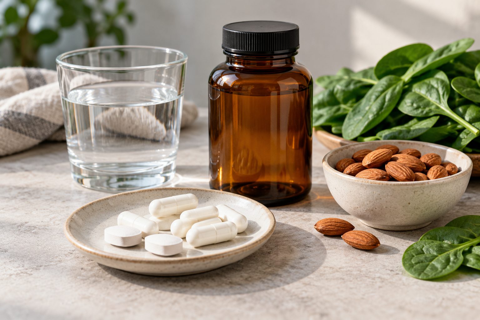 Frasco sin etiqueta y suplementos blancos junto a un vaso de agua, almendras y hojas de espinaca