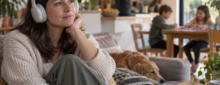 Persona descansando con auriculares en un entorno doméstico tranquilo