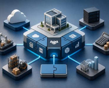 Ilustración de un ERP modular conectado con distintas áreas de una empresa