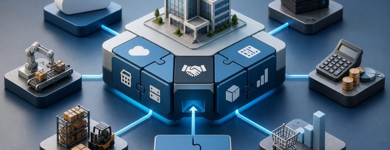 Ilustración de un ERP modular conectado con distintas áreas de una empresa