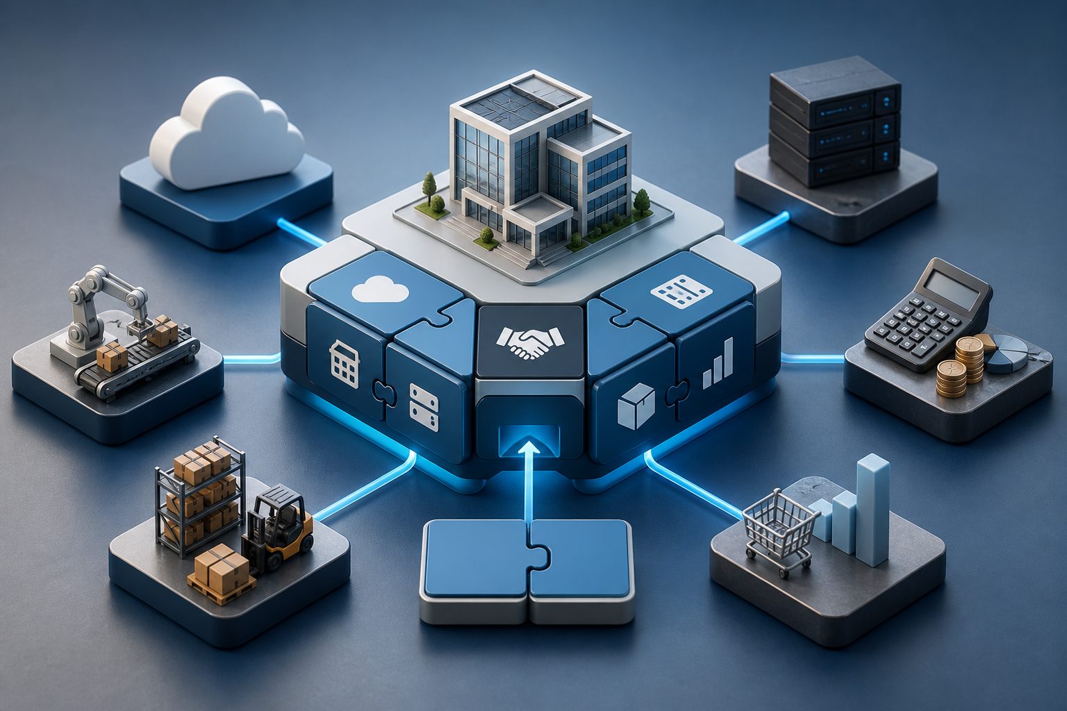 Tipos de ERP y módulos empresariales Ilustración de un ERP modular conectado con distintas áreas de una empresa