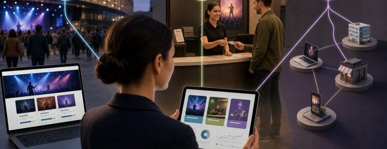 Organizador coordinando venta de entradas por web propia, taquilla y distribuidores