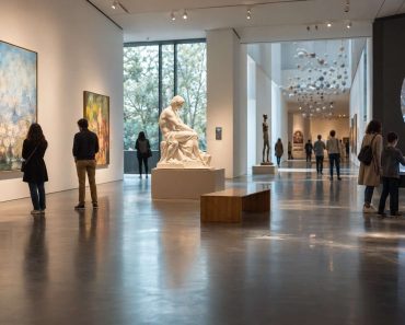Visitantes en una galería con pintura, escultura y una instalación interactiva