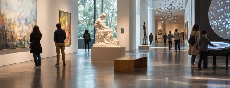 Visitantes en una galería con pintura, escultura y una instalación interactiva