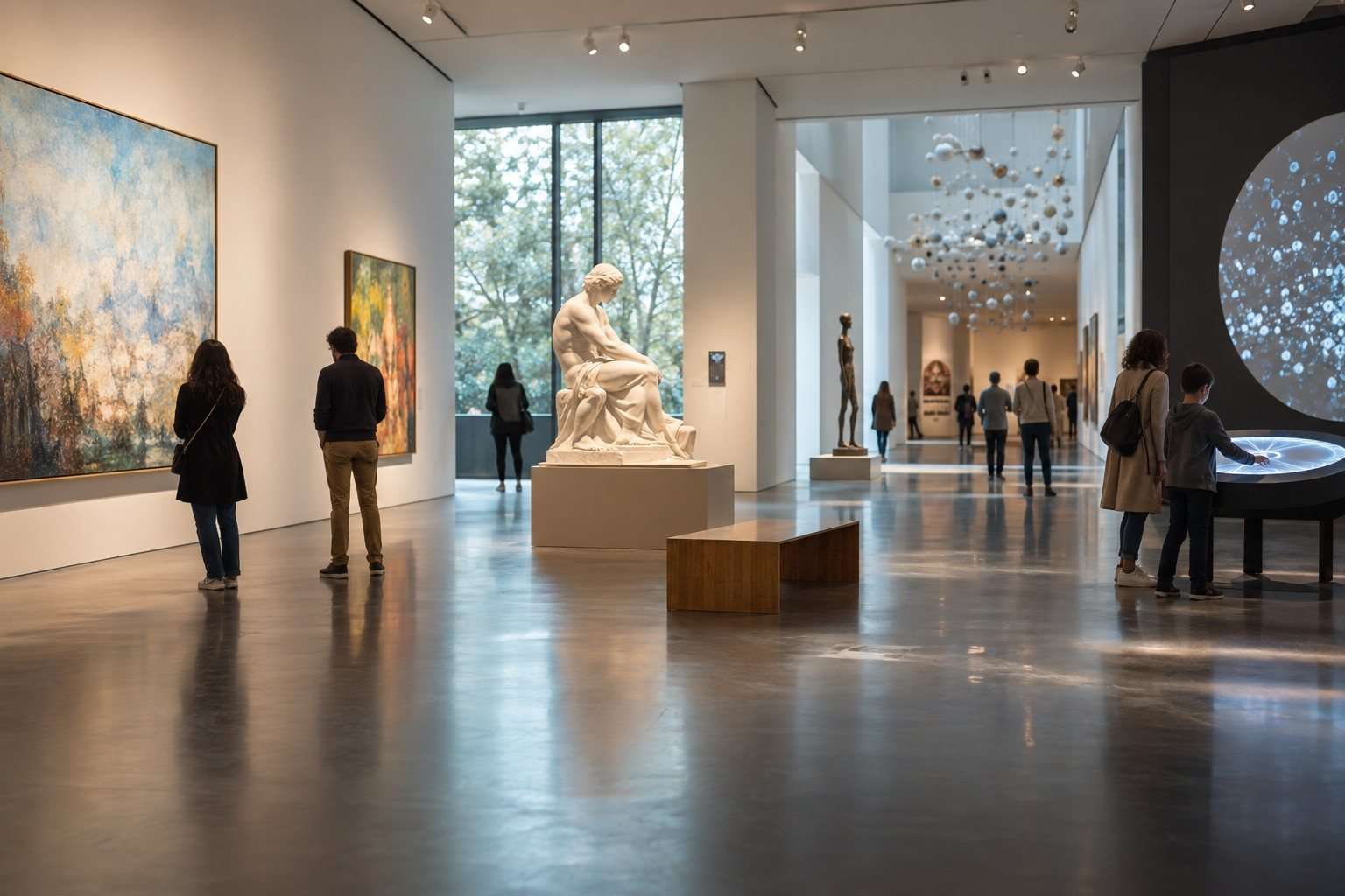Tipos de museos que puedes visitar y cómo elegir el que más te interesa — Imagen 1 Visitantes en una galería con pintura, escultura y una instalación interactiva