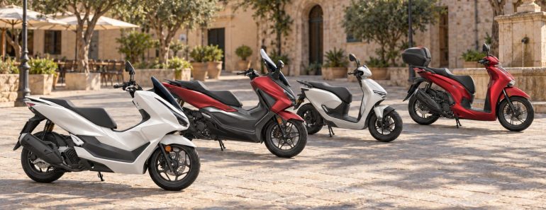 Honda PCX 125, Forza 350, CUV e: y SH 350i aparcadas en una plaza urbana