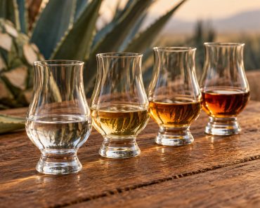 Cuatro copas con destilados de tonos transparente, dorado y ámbar sobre madera