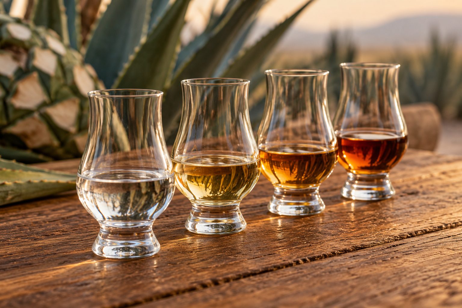 Cuatro copas con destilados de tonos transparente, dorado y ámbar sobre madera